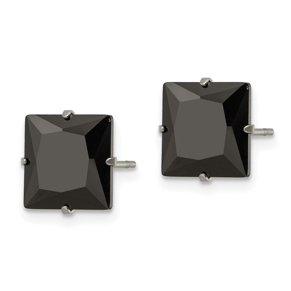 SRE1114 Chisel Stainless Steel Polished 9mm Black Square CZ Stud Post Earrings