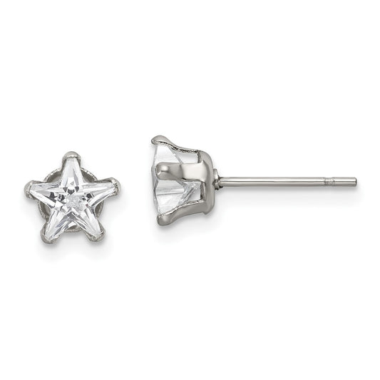 SRE1119 Chisel Stainless Steel Polished 6mm Star CZ Stud Post Earrings