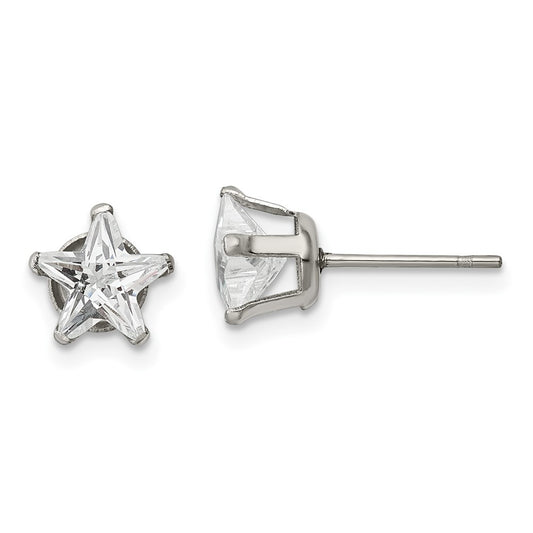 SRE1120 Chisel Stainless Steel Polished 7mm Star CZ Stud Post Earrings