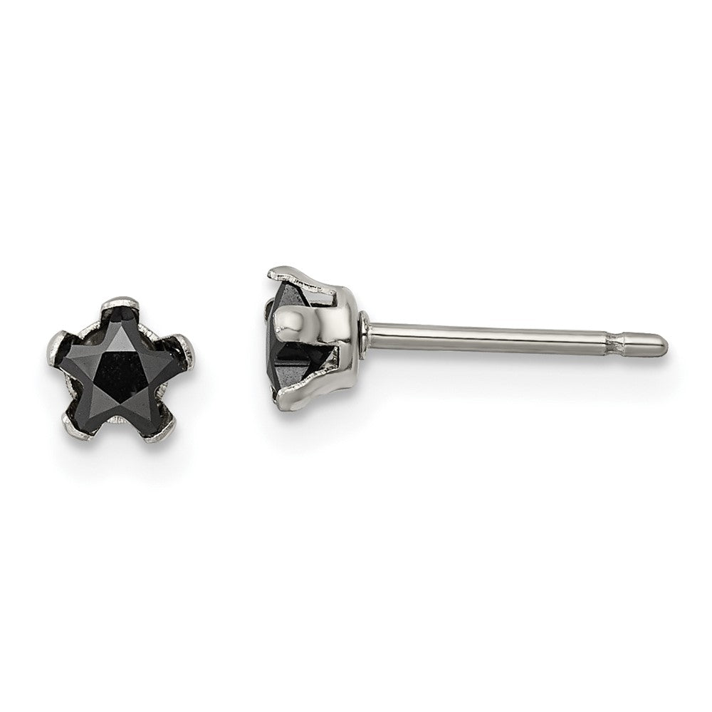SRE1123 Chisel Stainless Steel Polished 4mm Black Star CZ Stud Post Earrings