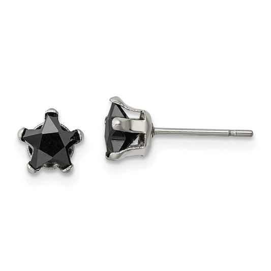 SRE1125 Chisel Stainless Steel Polished 6mm Black Star CZ Stud Post Earrings