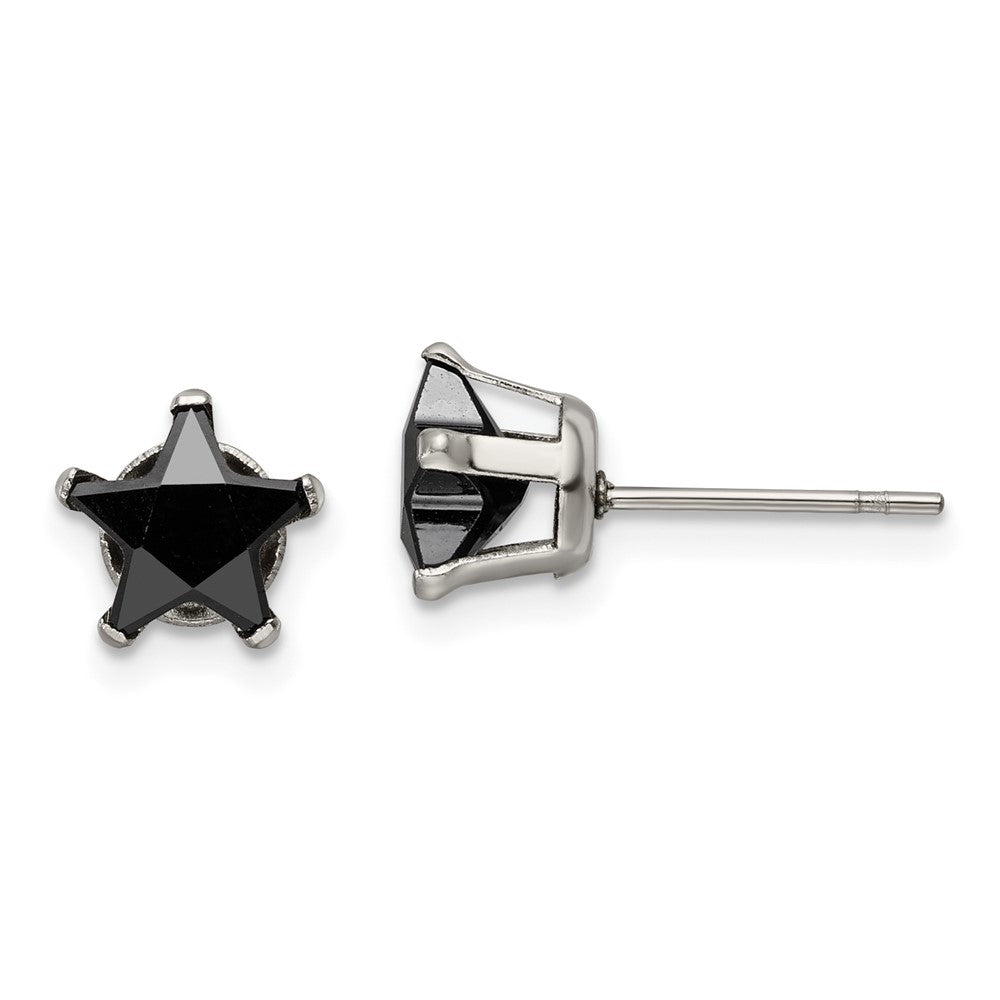 SRE1126 Chisel Stainless Steel Polished 7mm Black Star CZ Stud Post Earrings