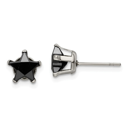 SRE1126 Chisel Stainless Steel Polished 7mm Black Star CZ Stud Post Earrings
