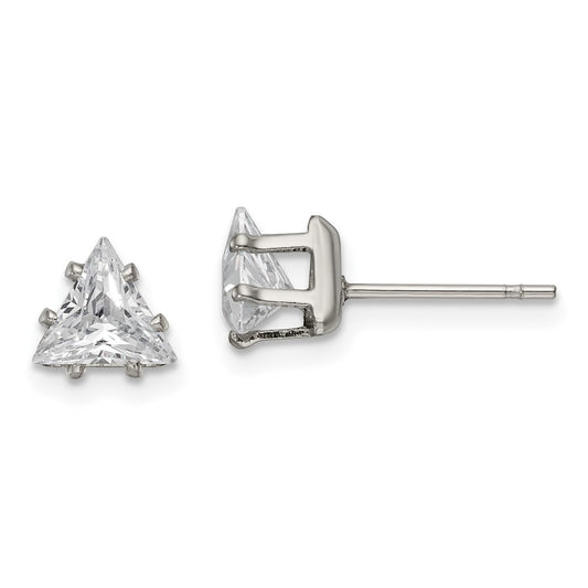 SRE1131 Chisel Stainless Steel Polished 6mm Triangle CZ Stud Post Earrings