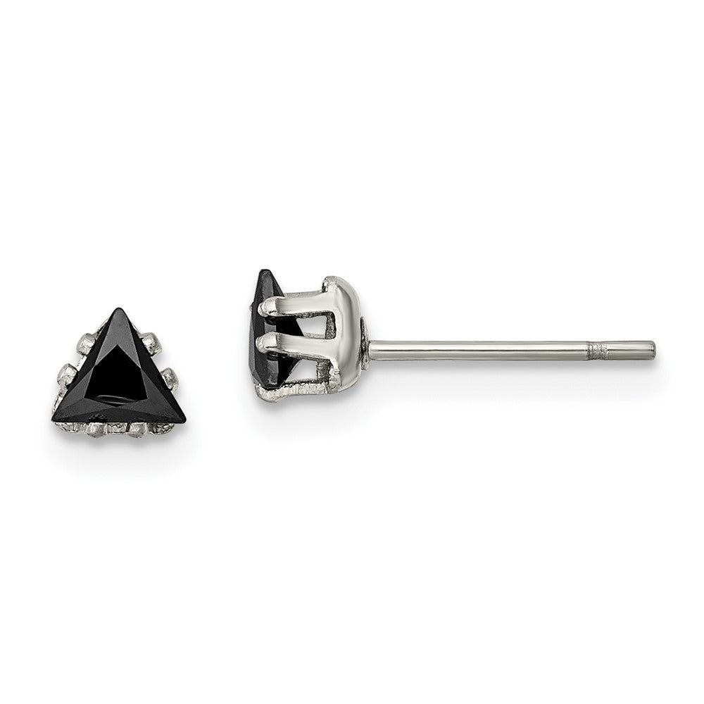 SRE1133 Chisel Stainless Steel Polished 4mm Black Triangle CZ Stud Post Earrings