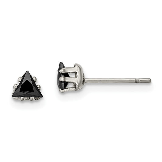SRE1133 Chisel Stainless Steel Polished 4mm Black Triangle CZ Stud Post Earrings
