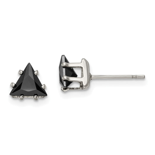 SRE1135 Chisel Stainless Steel Polished 6mm Black Triangle CZ Stud Post Earrings