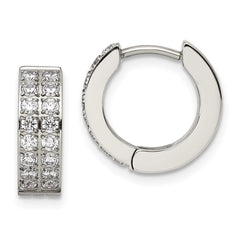 SRE1142 Chisel Stainless Steel Polished with 2 Rows of CZ 2.3mm Hinged Hoop Earrings