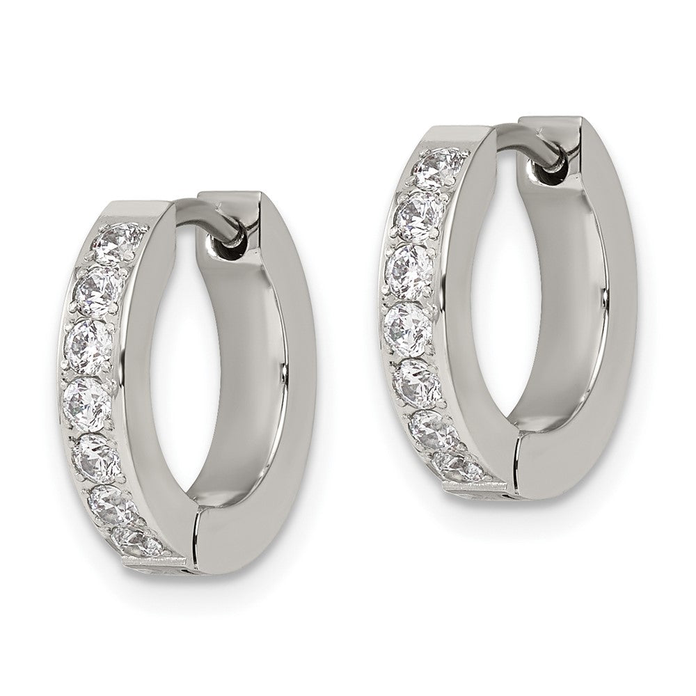 SRE1143 Chisel Stainless Steel Polished with 1 Row of CZ 2.3mm Hinged Hoop Earrings