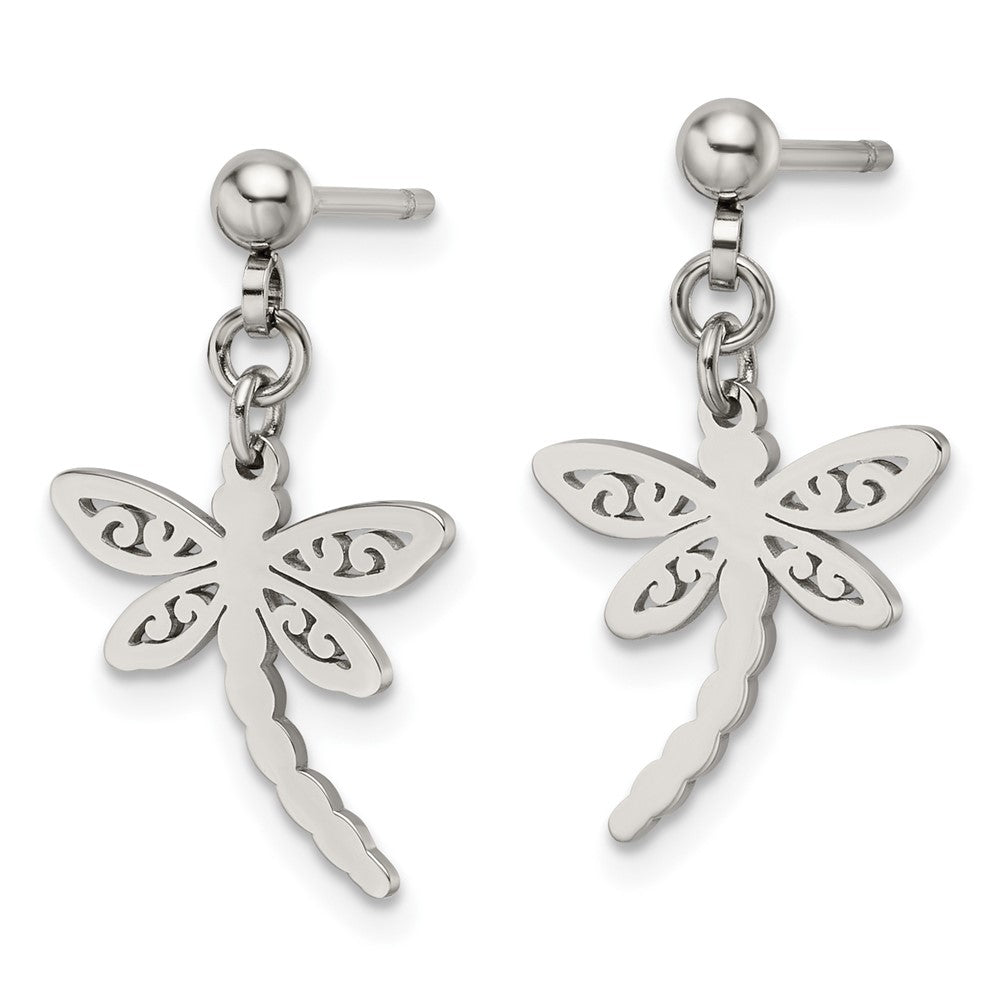 SRE1197 Chisel Stainless Steel Polished Dragonfly Post Dangle Earrings