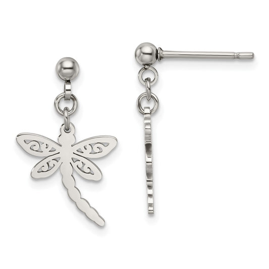 SRE1197 Chisel Stainless Steel Polished Dragonfly Post Dangle Earrings
