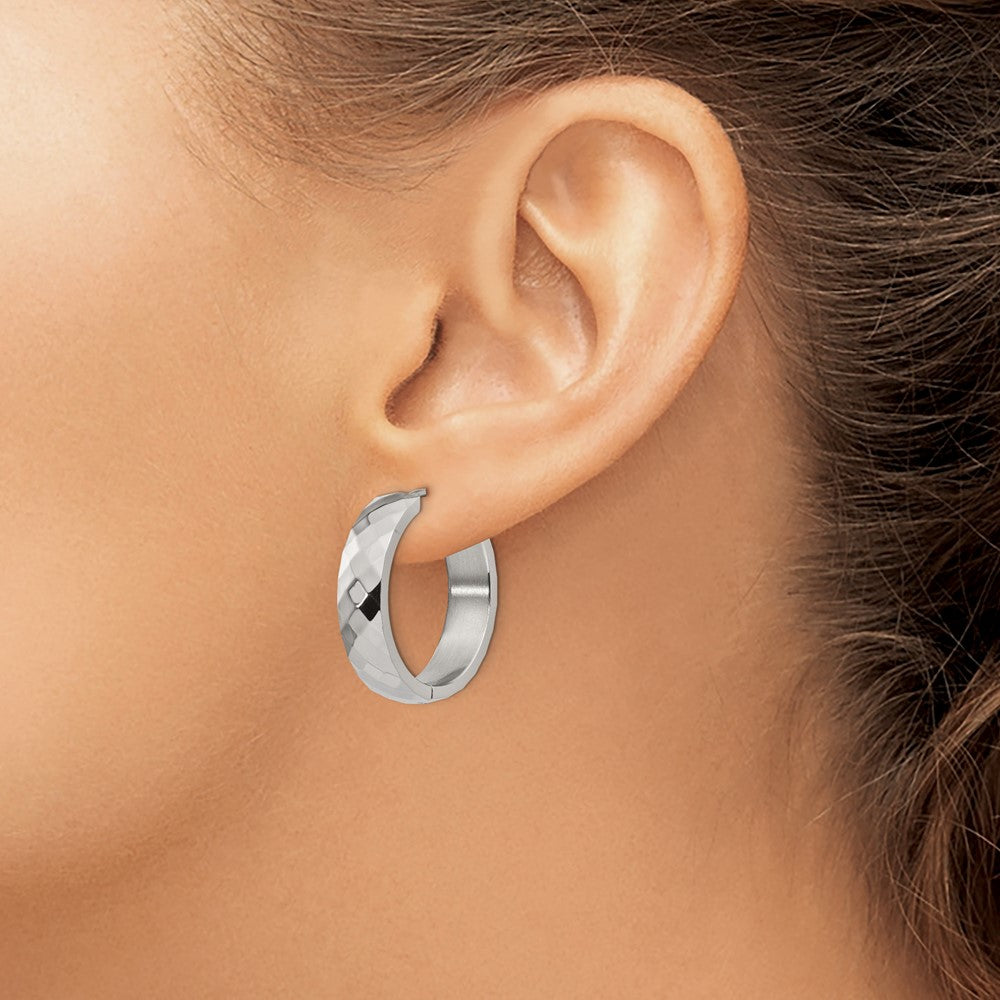 SRE1281 Chisel Stainless Steel Polished and Textured 6mm Hinged Hoop Earrings
