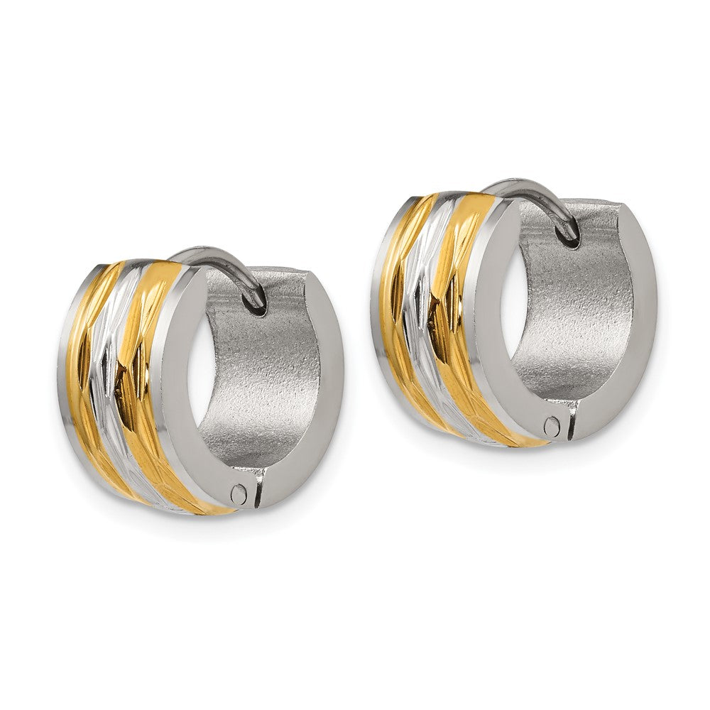 SRE1307 Chisel Stainless Steel Polished and Textured Yellow IP-plated 7mm Hinged Hoop Earrings
