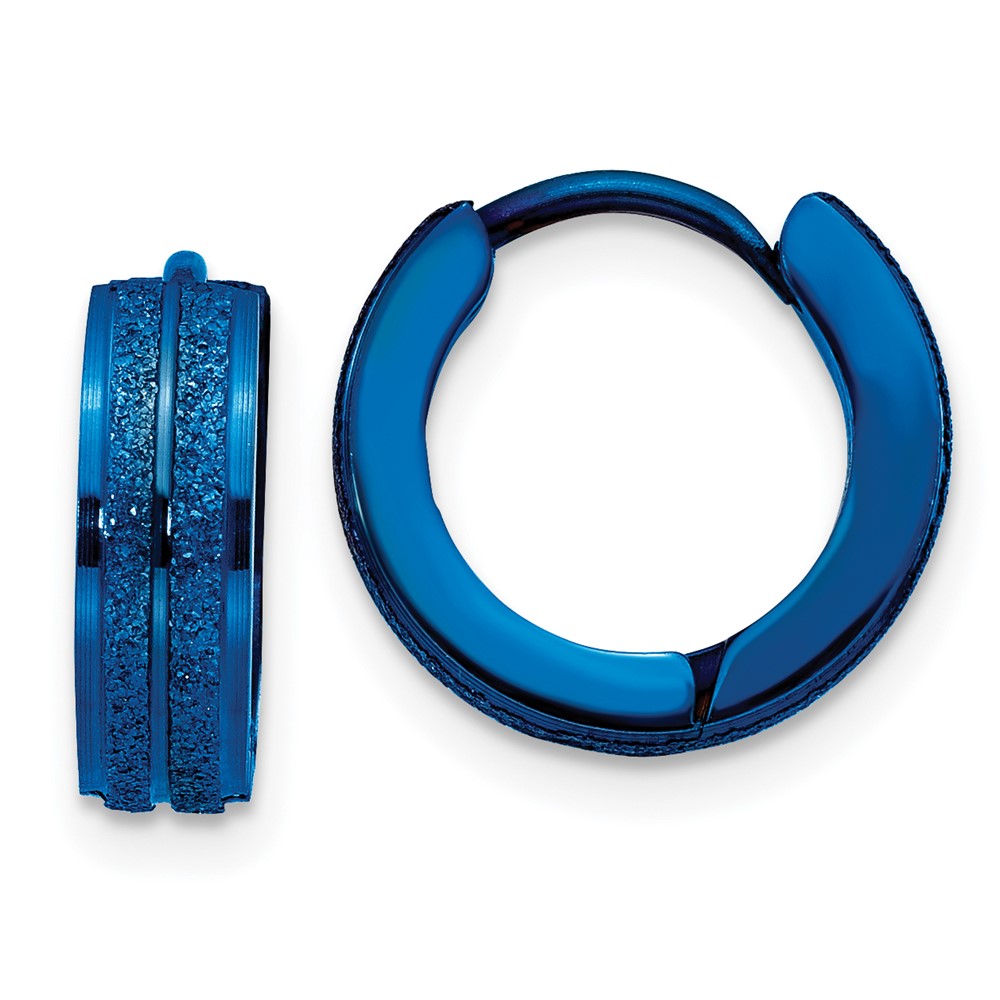 SRE1310 Chisel Stainless Steel Polished Blue IP-plated Laser cut 4mm Hinged Hoop Earrings