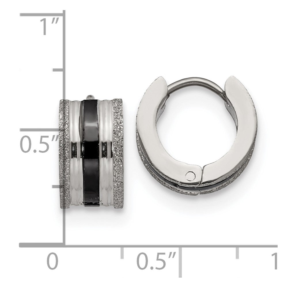 SRE1313 Chisel Stainless Steel Polished Black IP-Plated Laser cut 7mm Hoop Earrings