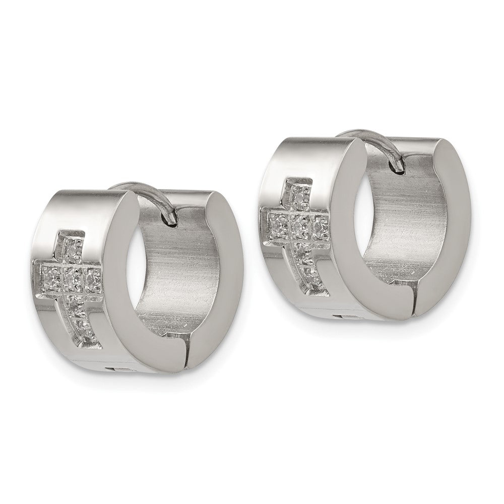 SRE1317 Chisel Stainless Steel Polished with CZ Cross 7mm Hinged Hoop Earrings