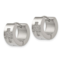 SRE1317 Chisel Stainless Steel Polished with CZ Cross 7mm Hinged Hoop Earrings