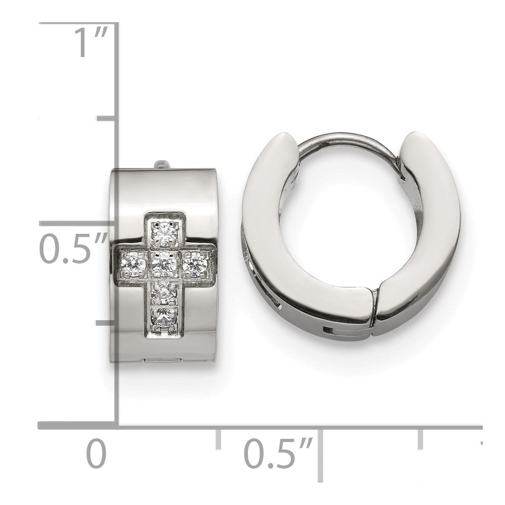 SRE1317 Chisel Stainless Steel Polished with CZ Cross 7mm Hinged Hoop Earrings