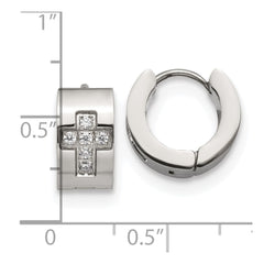 SRE1317 Chisel Stainless Steel Polished with CZ Cross 7mm Hinged Hoop Earrings