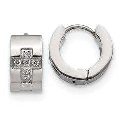 SRE1317 Chisel Stainless Steel Polished with CZ Cross 7mm Hinged Hoop Earrings