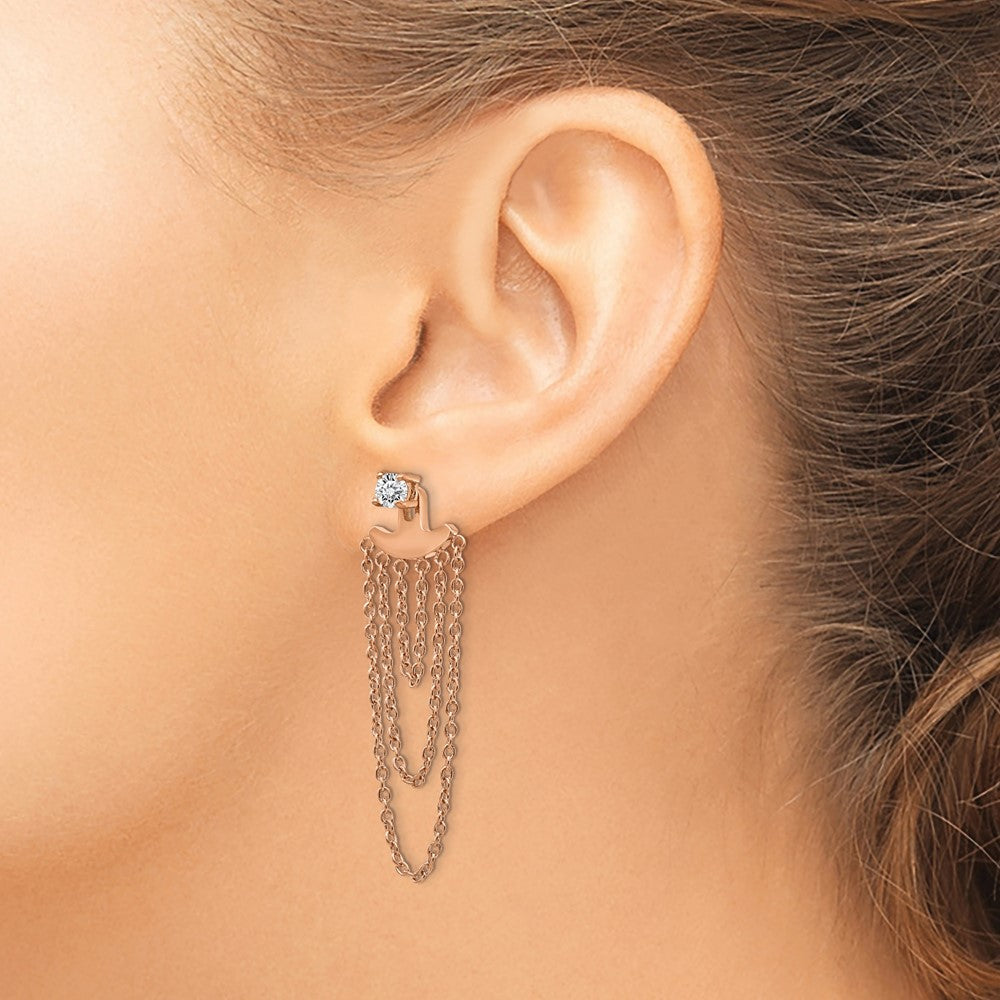 SRE1339 Chisel Stainless Steel Polished Rose IP-plated CZ Post with Jacket Earrings