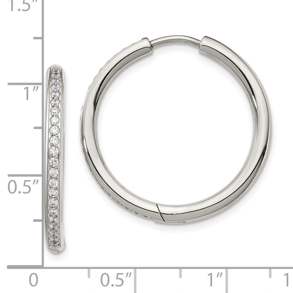 SRE1376 Chisel Stainless Steel Polished with CZ 2.5mm Hinged Hoop Earrings