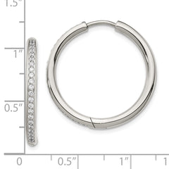 SRE1376 Chisel Stainless Steel Polished with CZ 2.5mm Hinged Hoop Earrings
