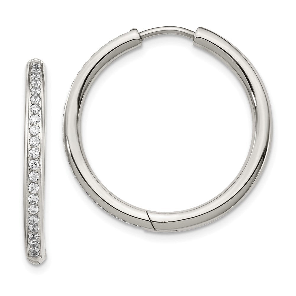 SRE1376 Chisel Stainless Steel Polished with CZ 2.5mm Hinged Hoop Earrings