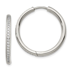 SRE1376 Chisel Stainless Steel Polished with CZ 2.5mm Hinged Hoop Earrings