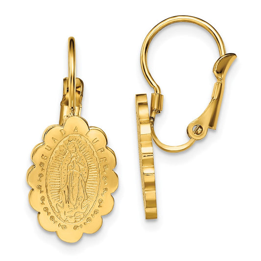 SRE1385 Chisel Stainless Steel Polished Yellow IP-plated Etched Our Lady of Guadalupe Omega Back Earrings