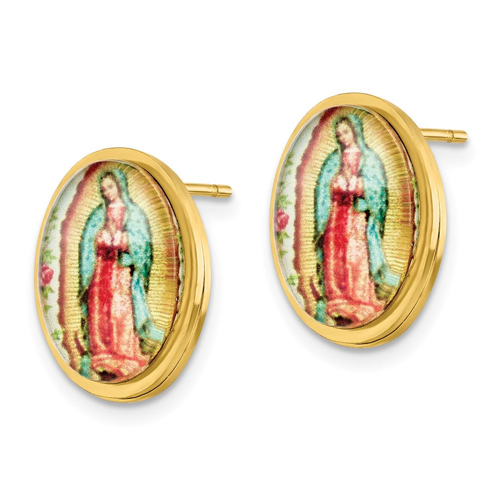 SRE1386 Chisel Stainless Steel Polished Yellow IP-plated Enameled Our Lady of Guadalupe Post Earrings