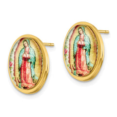 SRE1386 Chisel Stainless Steel Polished Yellow IP-plated Enameled Our Lady of Guadalupe Post Earrings