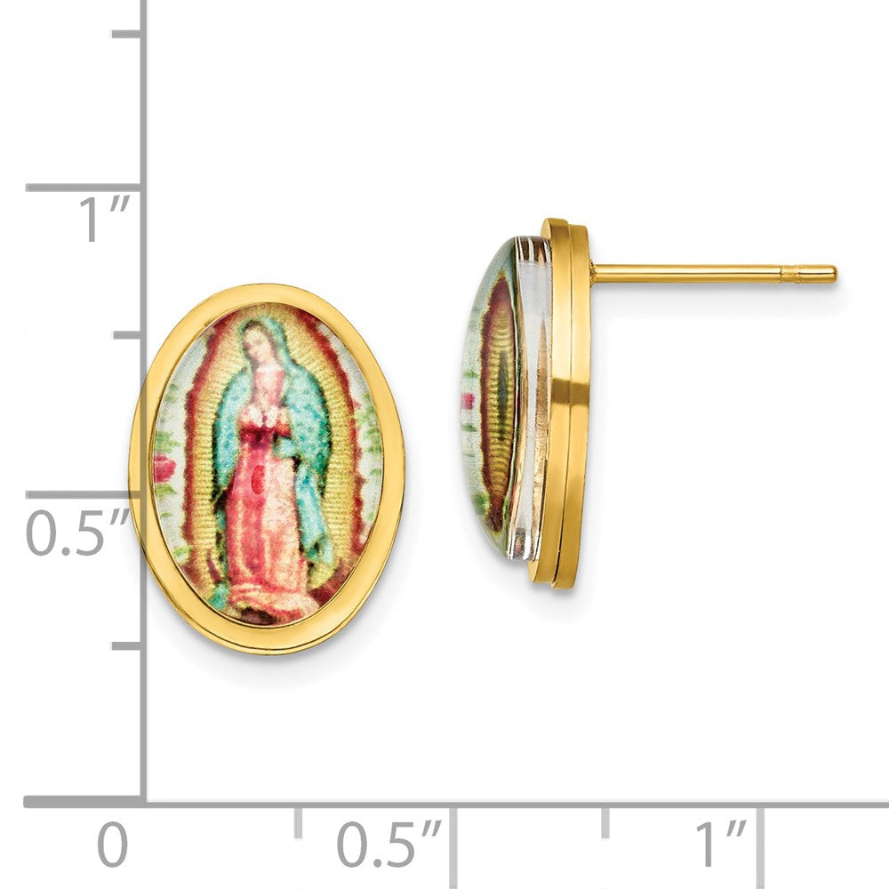 SRE1386 Chisel Stainless Steel Polished Yellow IP-plated Enameled Our Lady of Guadalupe Post Earrings