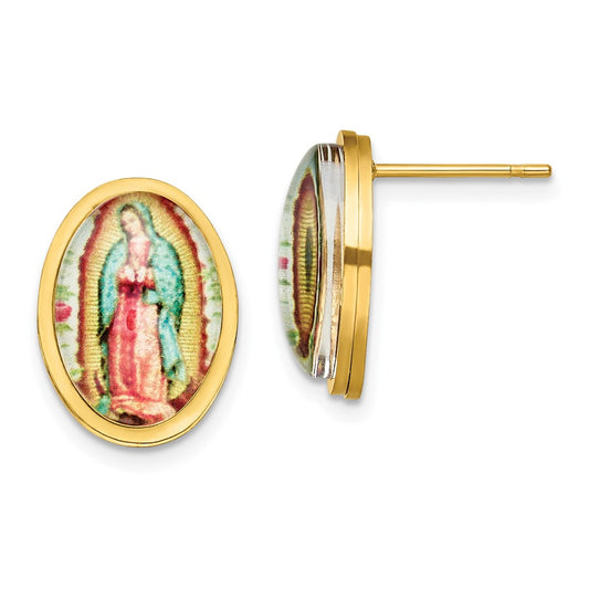 SRE1386 Chisel Stainless Steel Polished Yellow IP-plated Enameled Our Lady of Guadalupe Post Earrings