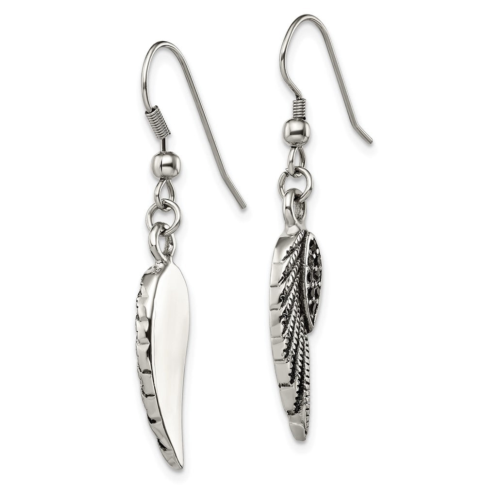 SRE1391 Chisel Stainless Steel Antiqued and Polished with Black Crystal Wings Shepherd Hook Dangle Earrings