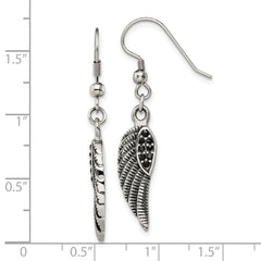 SRE1391 Chisel Stainless Steel Antiqued and Polished with Black Crystal Wings Shepherd Hook Dangle Earrings