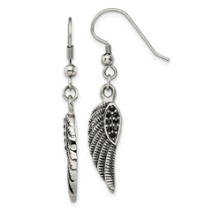 SRE1391 Chisel Stainless Steel Antiqued and Polished with Black Crystal Wings Shepherd Hook Dangle Earrings