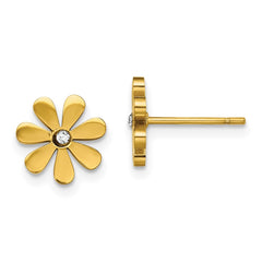 SRE1413 Chisel Stainless Steel Polished Yellow IP-plated with Crystal Flower Post Earrings