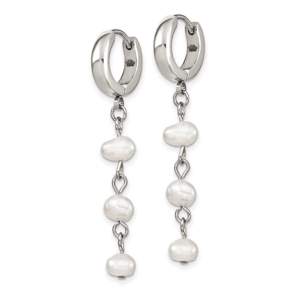 SRE1419 Chisel Stainless Steel Polished with Freshwater Cultured Pearl Dangle Hinged Hoop Earrings