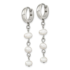 SRE1419 Chisel Stainless Steel Polished with Freshwater Cultured Pearl Dangle Hinged Hoop Earrings
