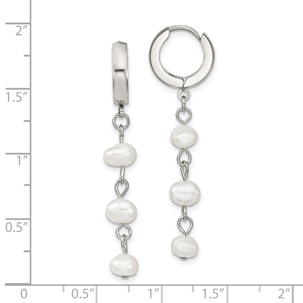 SRE1419 Chisel Stainless Steel Polished with Freshwater Cultured Pearl Dangle Hinged Hoop Earrings