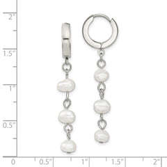 SRE1419 Chisel Stainless Steel Polished with Freshwater Cultured Pearl Dangle Hinged Hoop Earrings