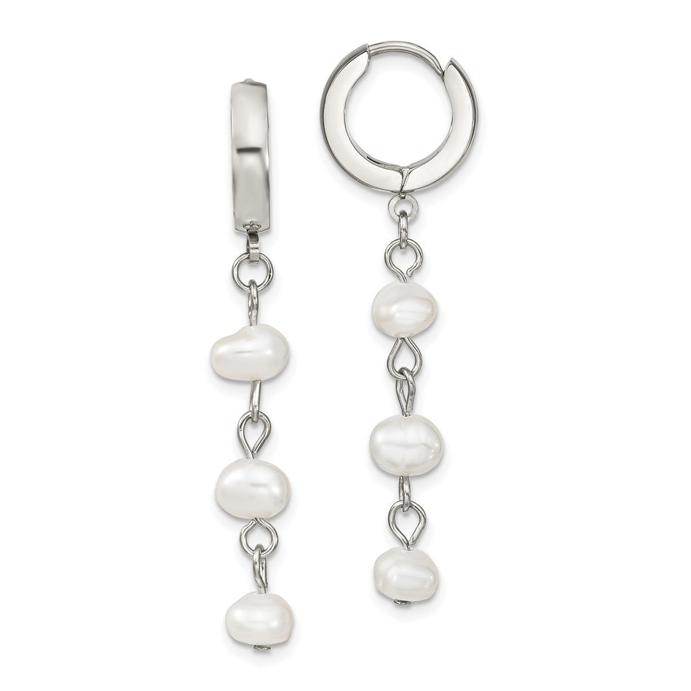 SRE1419 Chisel Stainless Steel Polished with Freshwater Cultured Pearl Dangle Hinged Hoop Earrings