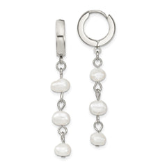 SRE1419 Chisel Stainless Steel Polished with Freshwater Cultured Pearl Dangle Hinged Hoop Earrings