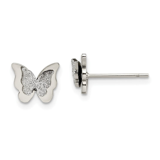 SRE1420 Chisel Stainless Steel Polished Glitter Butterfly Post Earrings