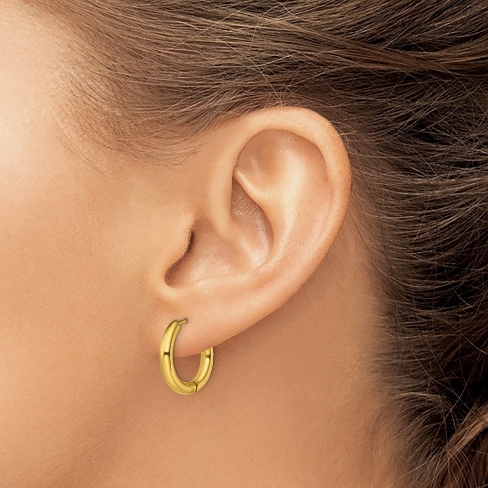 SRE1475 Chisel Stainless Steel Polished Yellow IP-plated 3mm Hinged Hoop Earrings