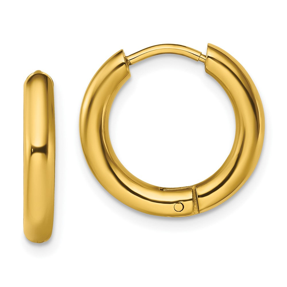 SRE1475 Chisel Stainless Steel Polished Yellow IP-plated 3mm Hinged Hoop Earrings