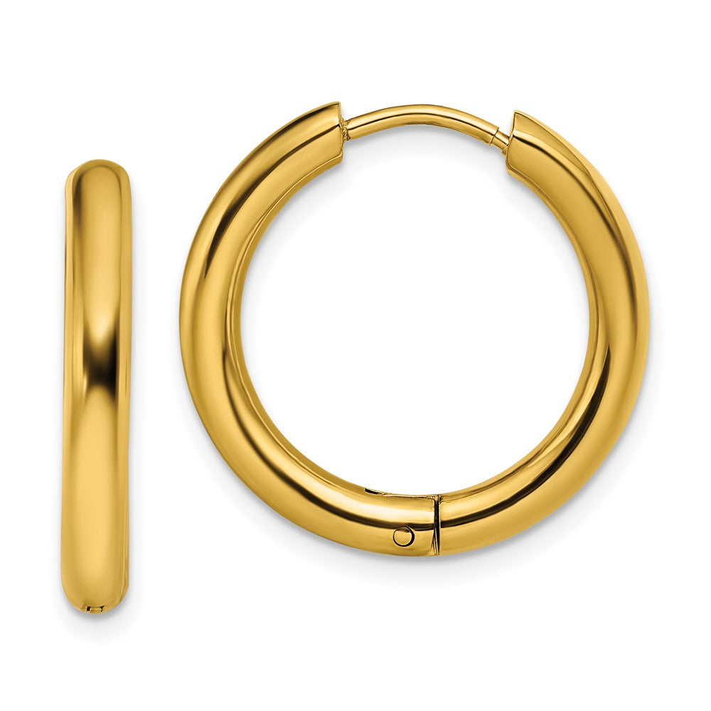 SRE1476 Chisel Stainless Steel Polished Yellow IP-plated 3mm Hinged Hoop Earrings