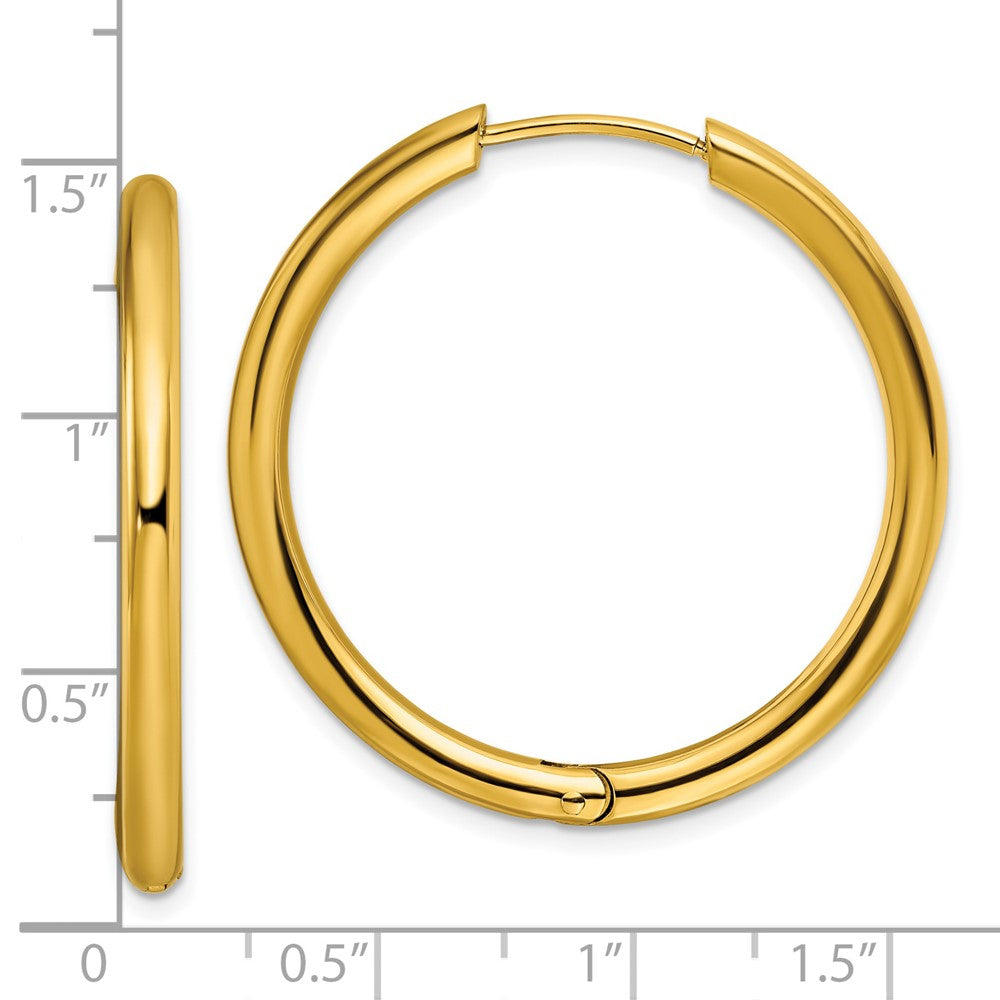 SRE1479 Chisel Stainless Steel Polished Yellow IP-plated 3mm Hinged Hoop Earrings