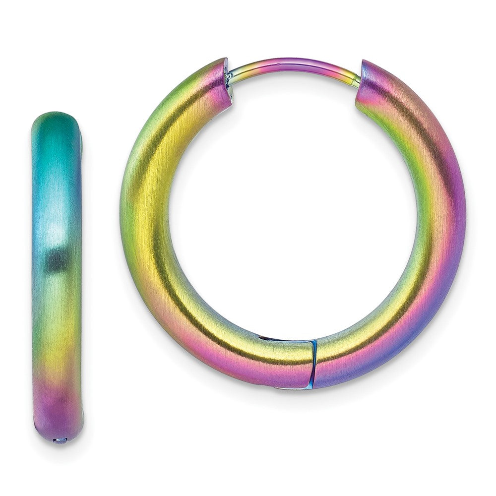 SRE1523 Chisel Stainless Steel Brushed Rainbow IP-plated 3.5mm Hinged Hoop Earrings